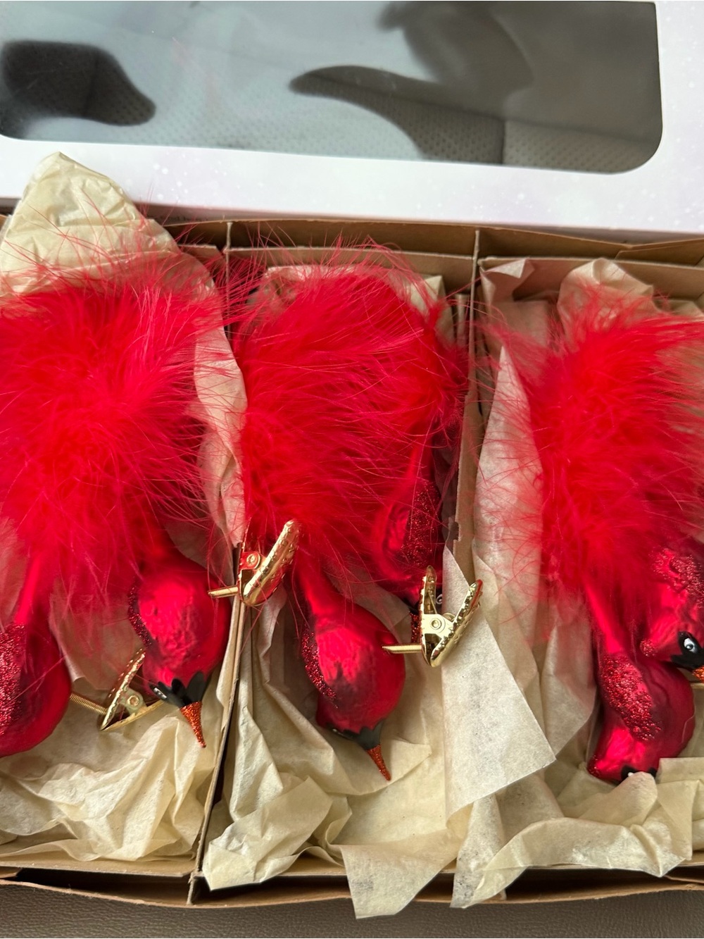 NIB Set of 6 Inge-Glas German Blown Glass Red Bird Clip Christmas Ornaments⁠